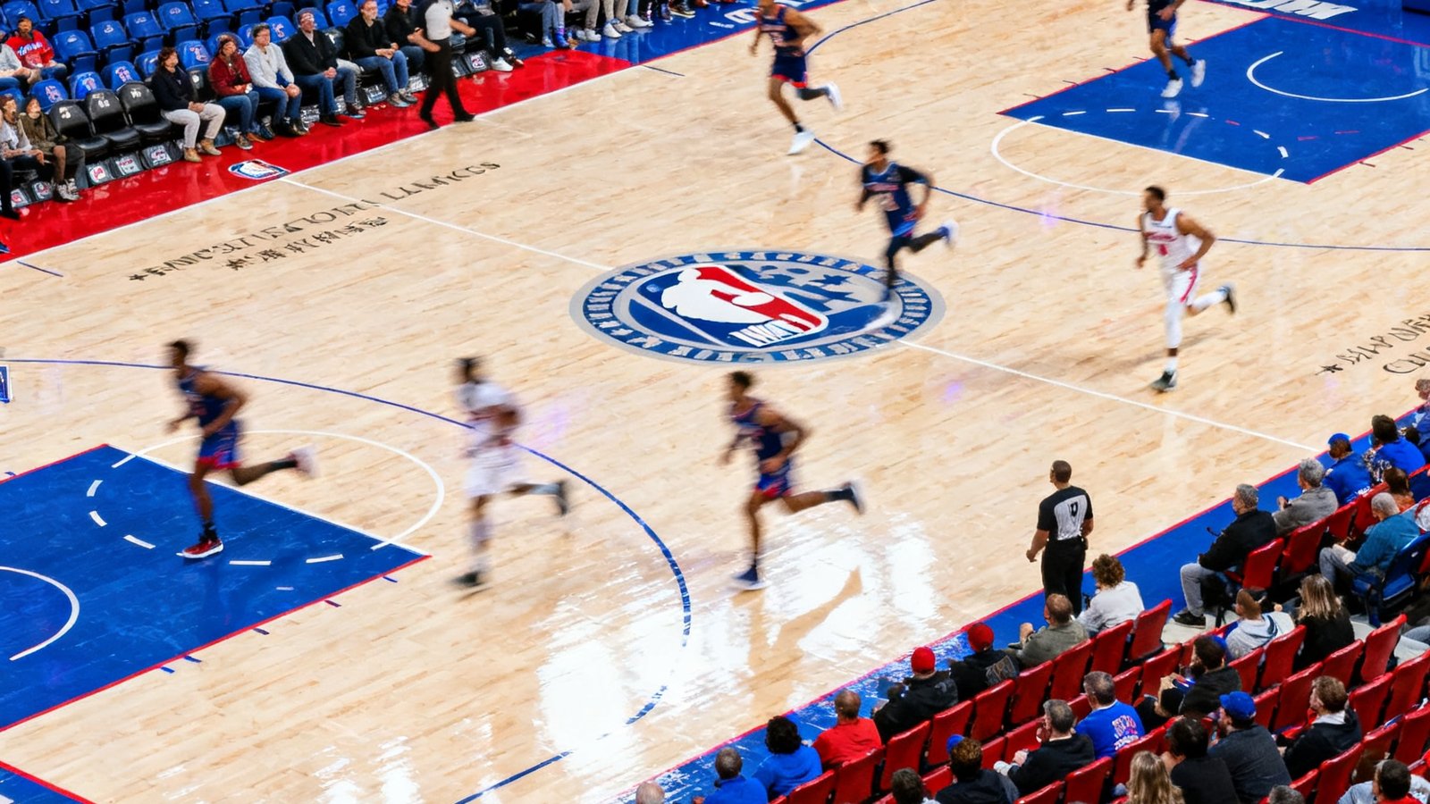 NBA赛场直播俯拍视角，球员在硬木地板上快速推进，观众席座无虚席
