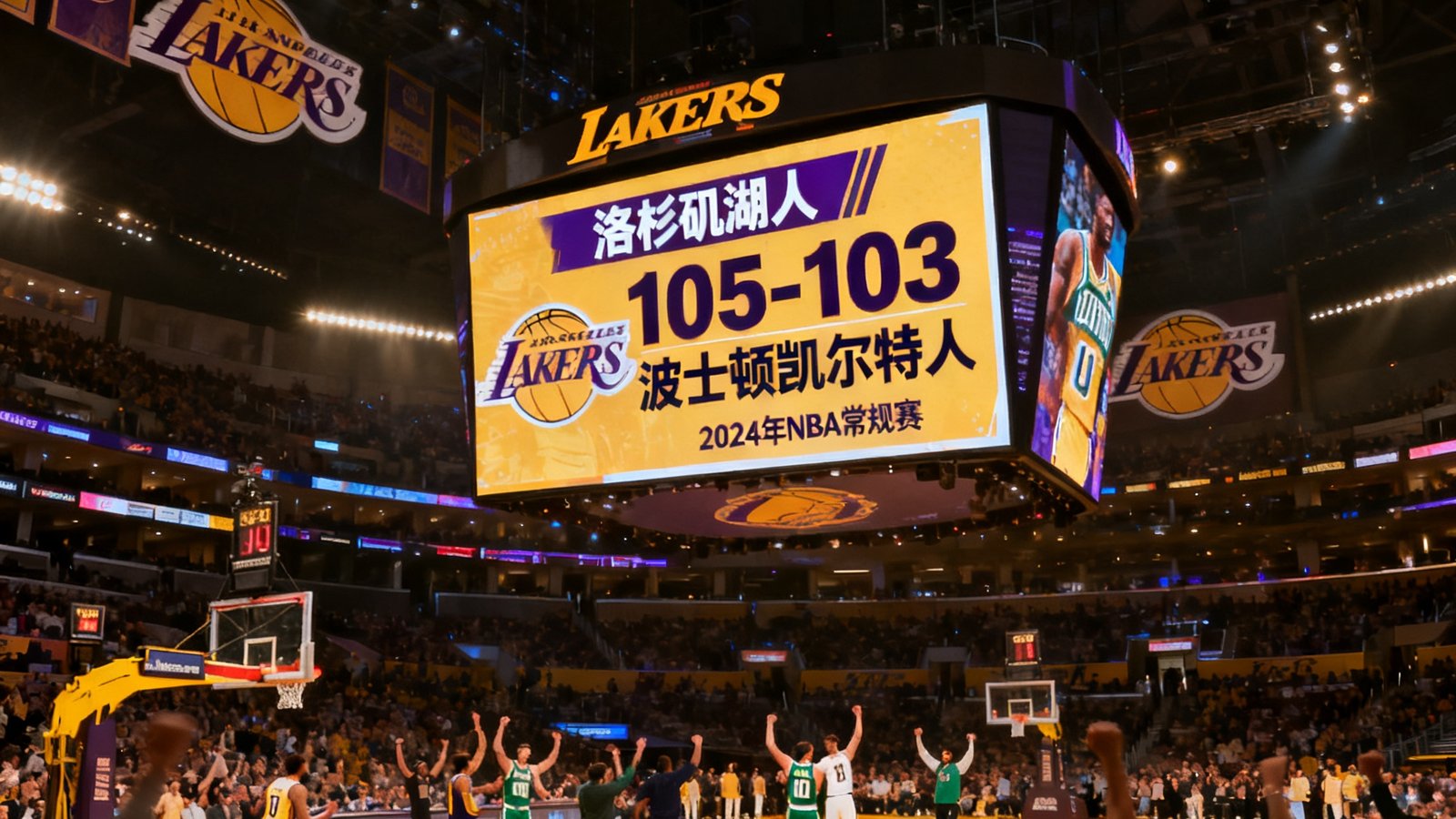 NBA赛后分析配图，湖人主场大屏幕显示最终比分的场景